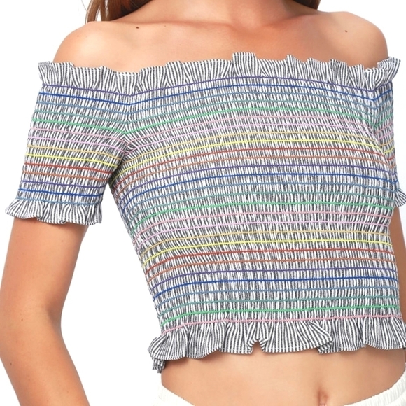 Storia Rainbow Striped Smocked Off the Shoulder Crop Top in Blue Stripe Sz Small - Picture 1 of 9